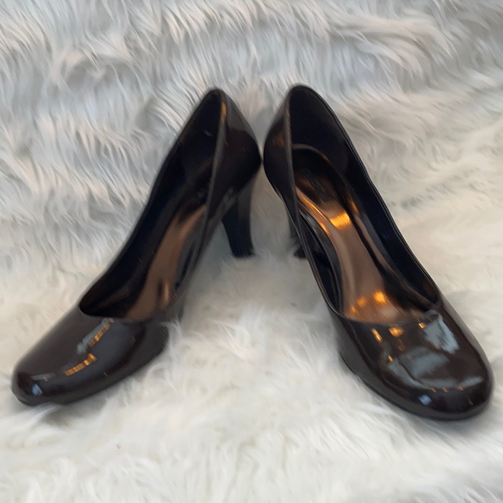 Chocolate brown patent leather heels